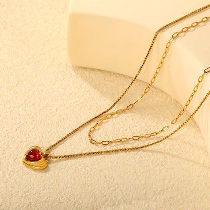 Wholesale 304L Stainless Steel Gold Double Layer Black Enamel Heart Necklace 40+45cm
