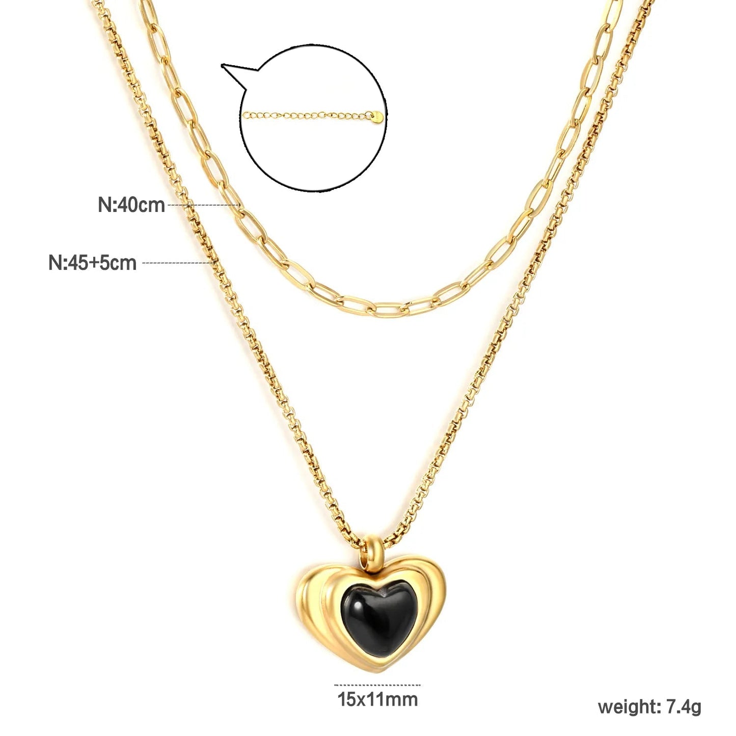 Wholesale 304L Stainless Steel Gold Double Layer Black Enamel Heart Necklace 40+45cm