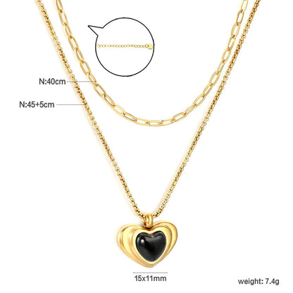 Wholesale 304L Stainless Steel Gold Double Layer Black Enamel Heart Necklace 40+45cm