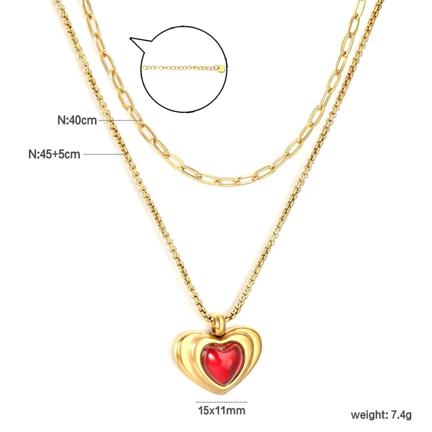 Wholesale 304L Stainless Steel Gold Double Layer Black Enamel Heart Necklace 40+45cm