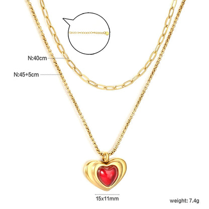 Wholesale 304L Stainless Steel Gold Double Layer Black Enamel Heart Necklace 40+45cm
