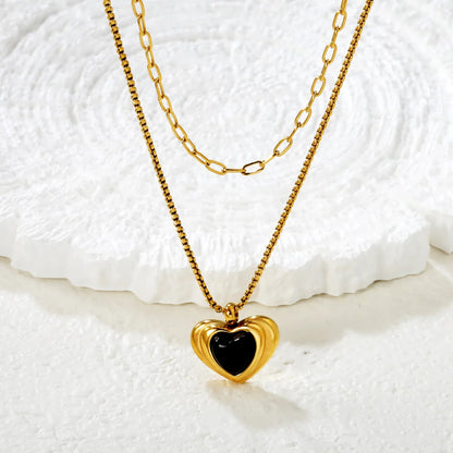 Wholesale 304L Stainless Steel Gold Double Layer Black Enamel Heart Necklace 40+45cm