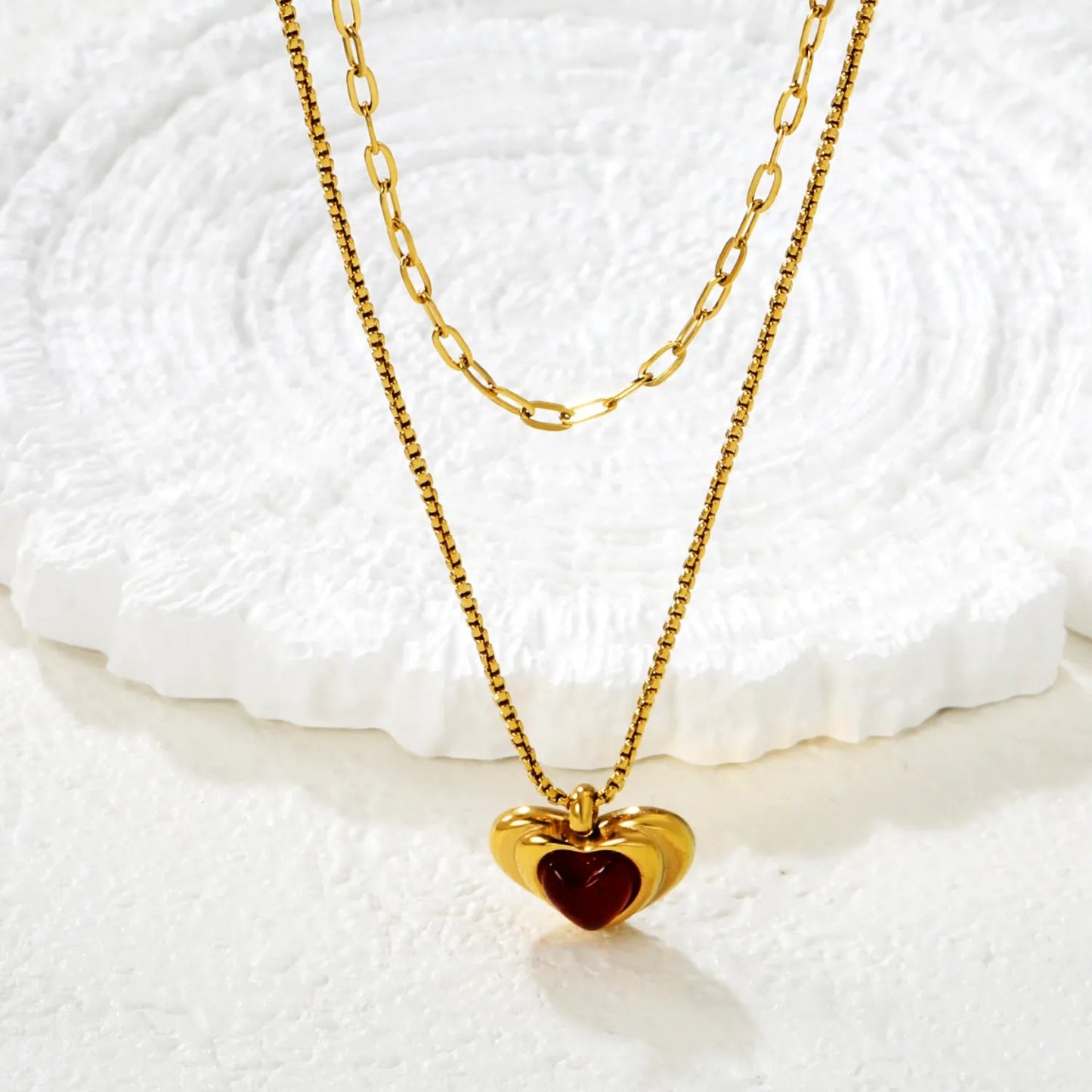 Wholesale 304L Stainless Steel Gold Double Layer Black Enamel Heart Necklace 40+45cm