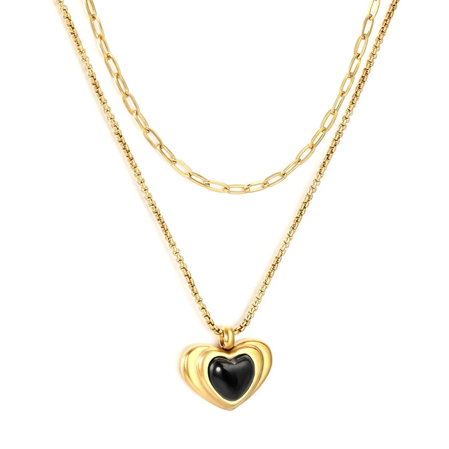 Wholesale 304L Stainless Steel Gold Double Layer Black Enamel Heart Necklace 40+45cm