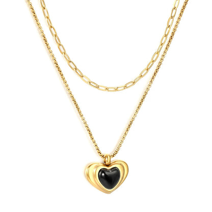 Wholesale 304L Stainless Steel Gold Double Layer Black Enamel Heart Necklace 40+45cm