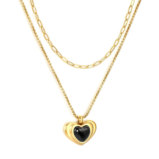 Wholesale 304L Stainless Steel Gold Double Layer Black Enamel Heart Necklace 40+45cm
