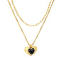 Wholesale 304L Stainless Steel Gold Double Layer Black Enamel Heart Necklace 40+45cm