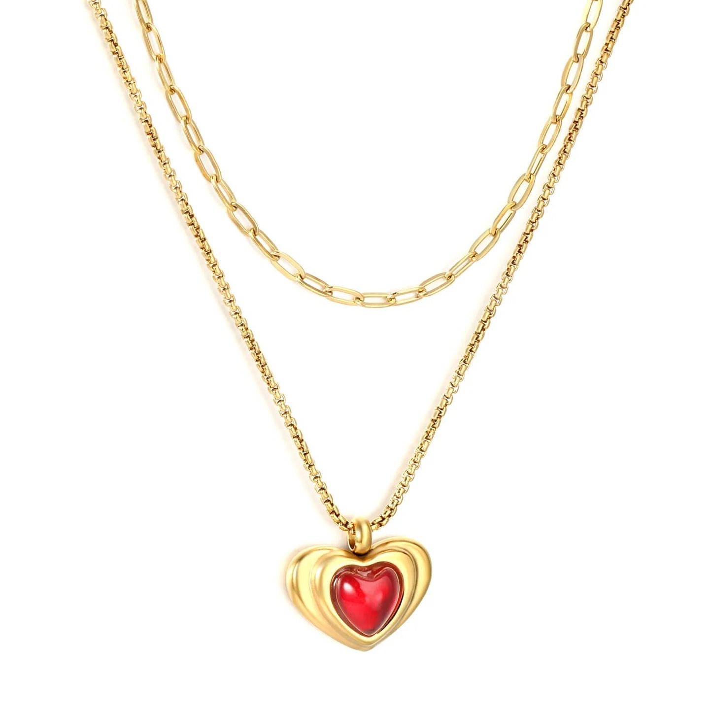 Wholesale 304L Stainless Steel Gold Double Layer Black Enamel Heart Necklace 40+45cm