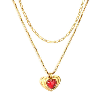 Wholesale 304L Stainless Steel Gold Double Layer Black Enamel Heart Necklace 40+45cm