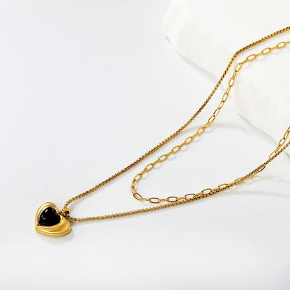 Wholesale 304L Stainless Steel Gold Double Layer Black Enamel Heart Necklace 40+45cm