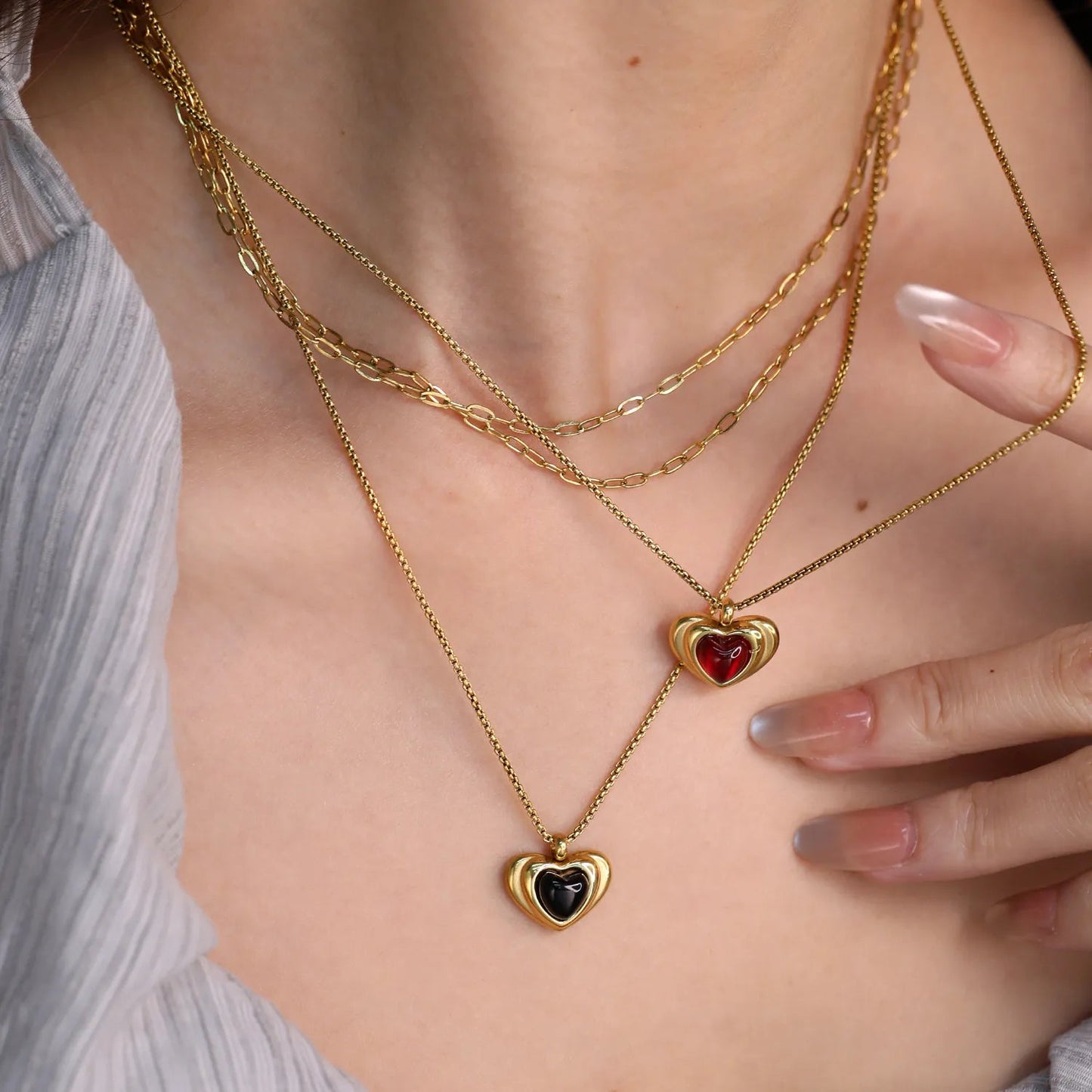 Wholesale 304L Stainless Steel Gold Double Layer Black Enamel Heart Necklace 40+45cm