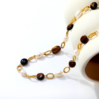 Wholesale 304L Stainless Steel Tiger Eye Pearl Necklace Bulk