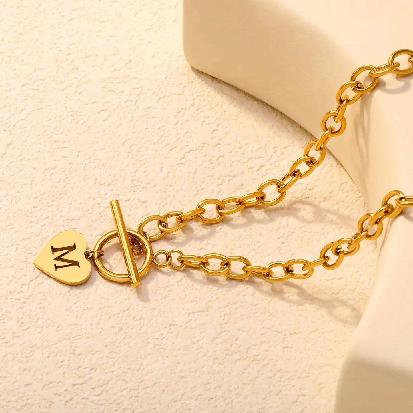 Wholesale Stainless Steel Initial Necklace | Heart Toggle Chunky Chain Bulk