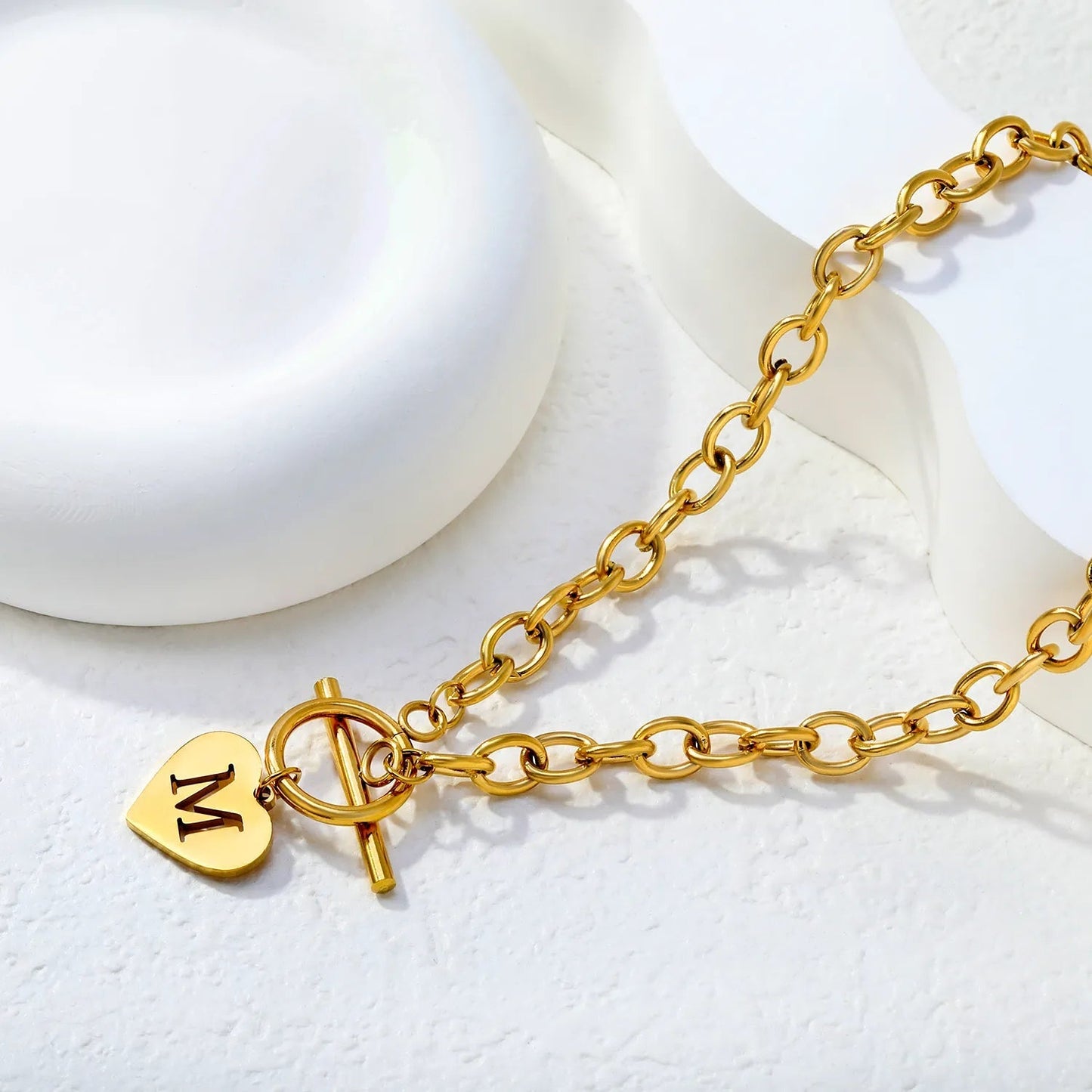 Wholesale Stainless Steel Initial Necklace | Heart Toggle Chunky Chain Bulk