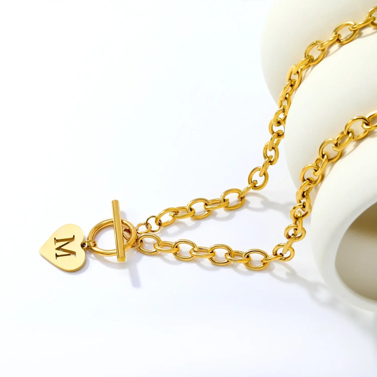 Wholesale Stainless Steel Initial Necklace | Heart Toggle Chunky Chain Bulk