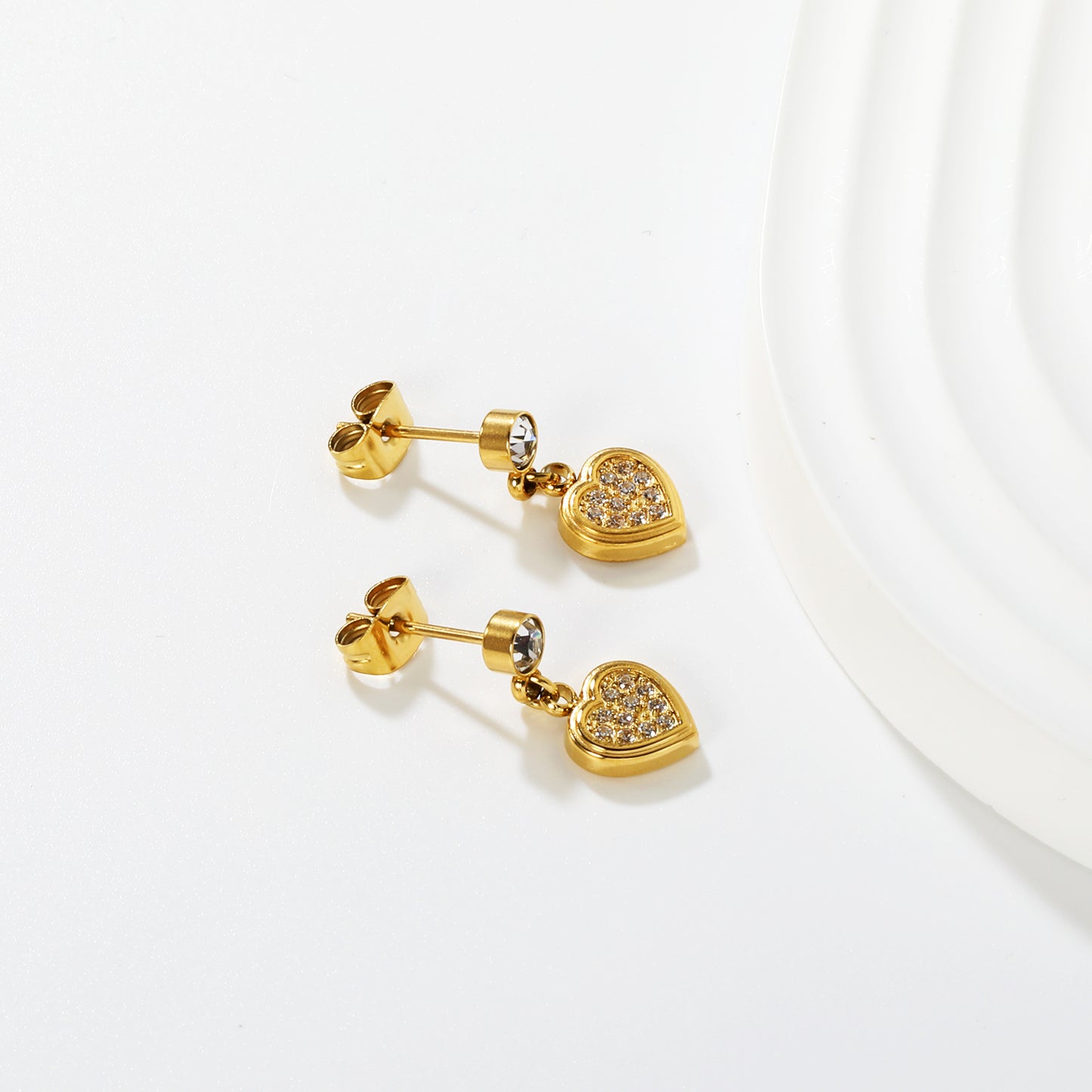 Wholesale Waterproof PVD Gold Plated Pave Heart Drop Hoops