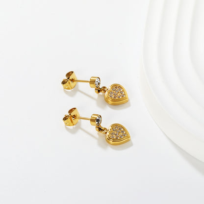 Wholesale Waterproof PVD Gold Plated Pave Heart Drop Hoops