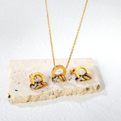 Wholesale Waterproof PVD Roman Numeral Hollow Three-Color Jewelry Set