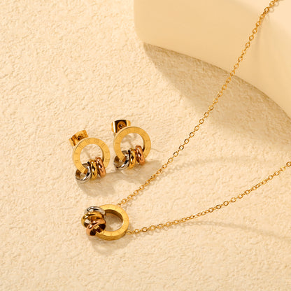 Wholesale Waterproof PVD Roman Numeral Hollow Three-Color Jewelry Set