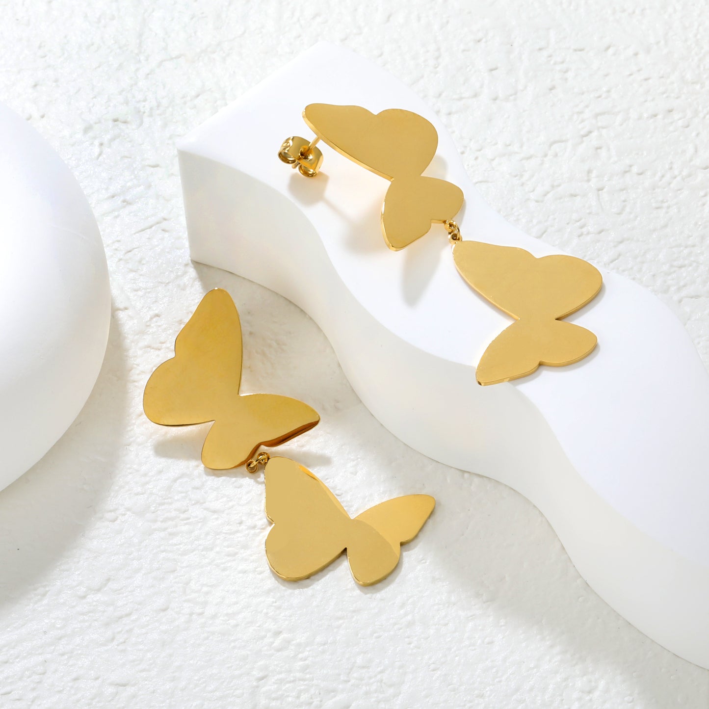Wholesale 18K Gold Plated Double Butterfly Earrings Layered Design Natural ThemeHigh-resolution Lifestyle Photos