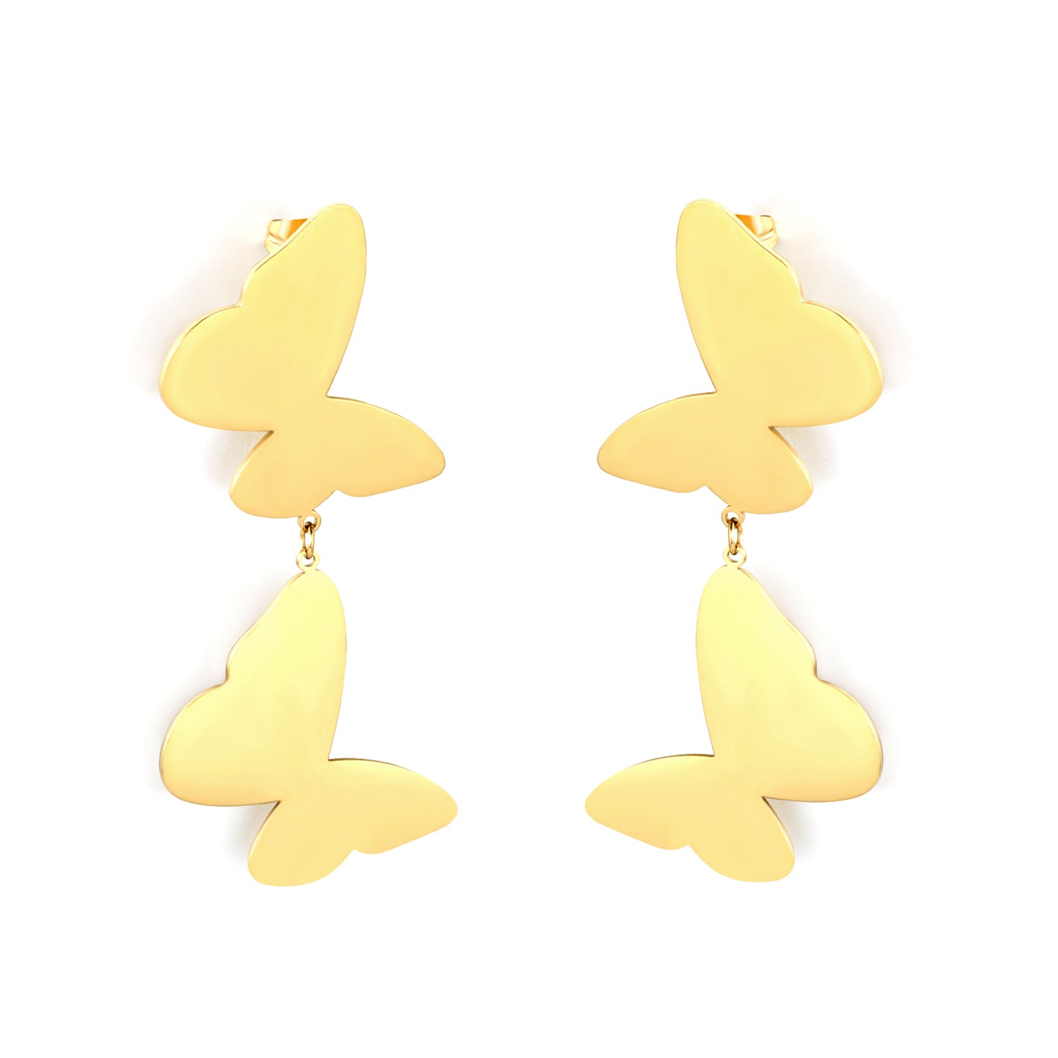 Wholesale 18K Gold Plated Double Butterfly Earrings Layered Design Natural ThemeHigh-resolution on white background
