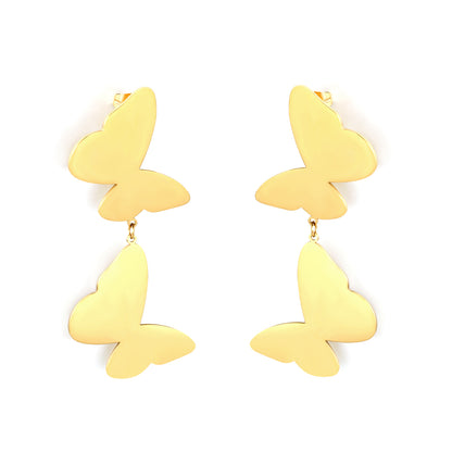 Wholesale 18K Gold Plated Double Butterfly Earrings Layered Design Natural ThemeHigh-resolution on white background