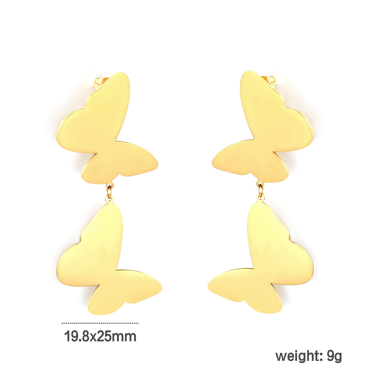 Wholesale 18K Gold Plated Double Butterfly Earrings Layered Design Natural Themedimension diagram with measurements