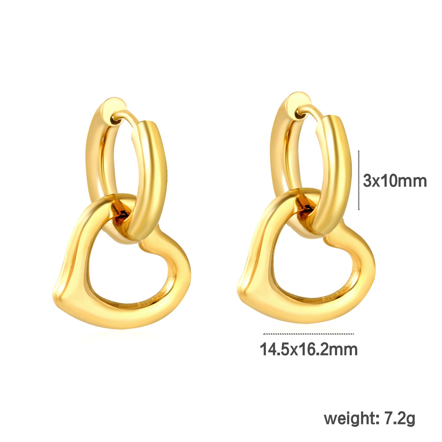 Wholesale 18K Gold Plated Heart Hoop Earrings Interlock Design Minimalist Luxurydimension diagram with measurements