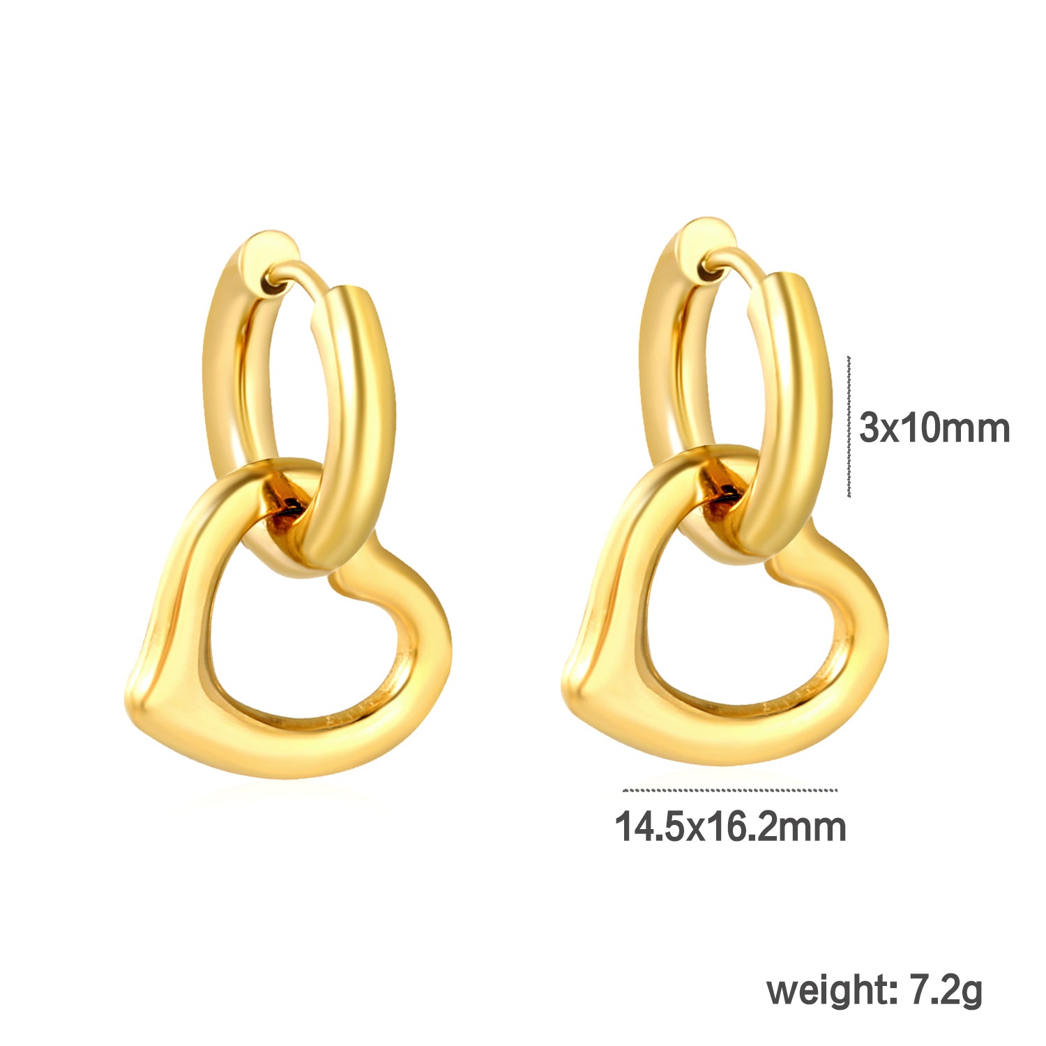 Wholesale 18K Gold Plated Heart Hoop Earrings Interlock Design Minimalist Luxurydimension diagram with measurements
