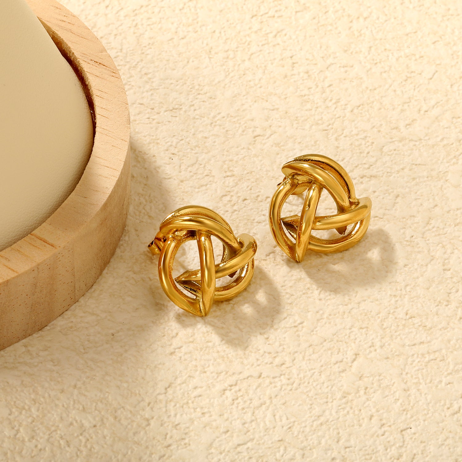 Wholesale 18K Gold Plated Knot Earrings Textured Weave Industrial VintageClose-ups of the gold plating and details