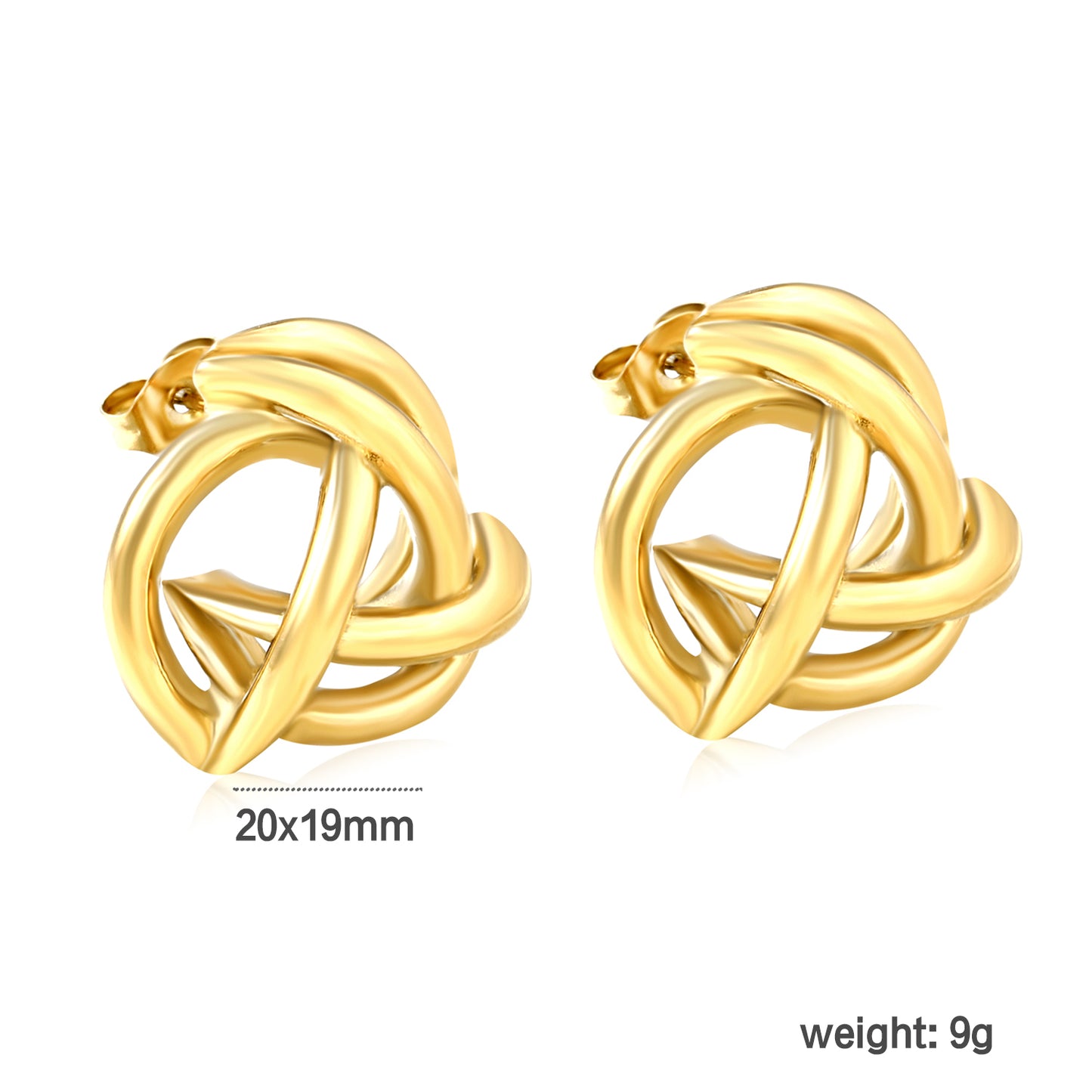 Wholesale 18K Gold Plated Knot Earrings Textured Weave Industrial Vintagedimension diagram with measurements