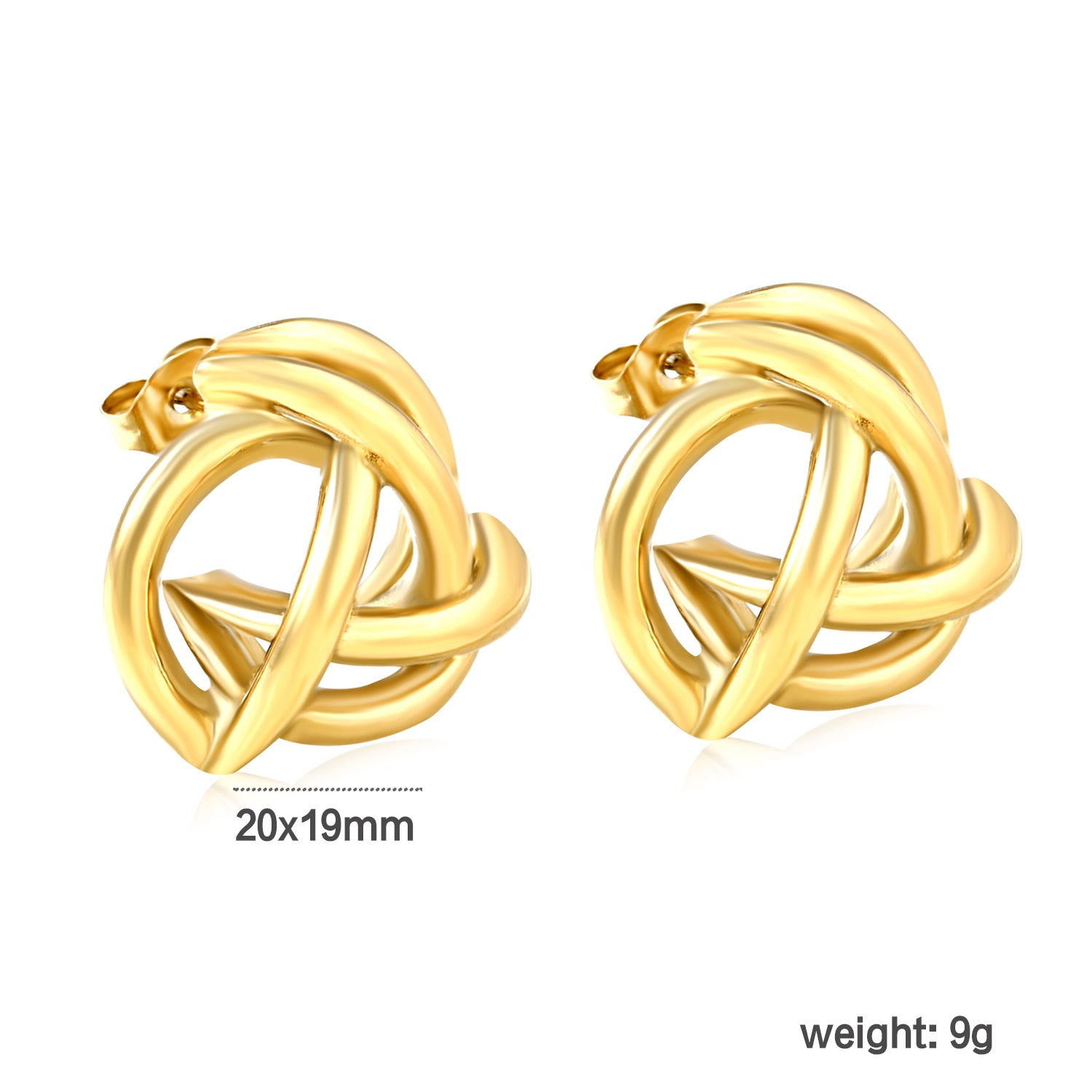 Wholesale 18K Gold Plated Knot Earrings Textured Weave Industrial Vintagedimension diagram with measurements