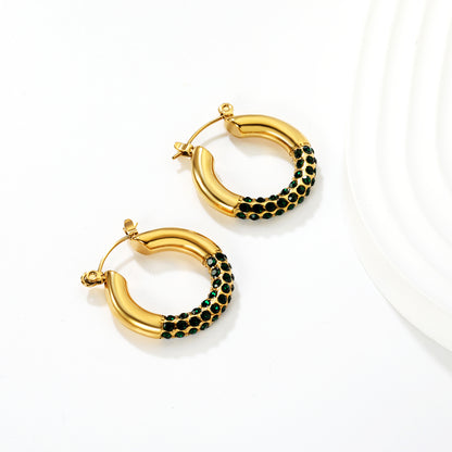 Wholesale 18K Gold Plated Pave Huggie Hoop Earrings Cubic Zirconia WaterproofHigh-resolution Lifestyle Photos_green