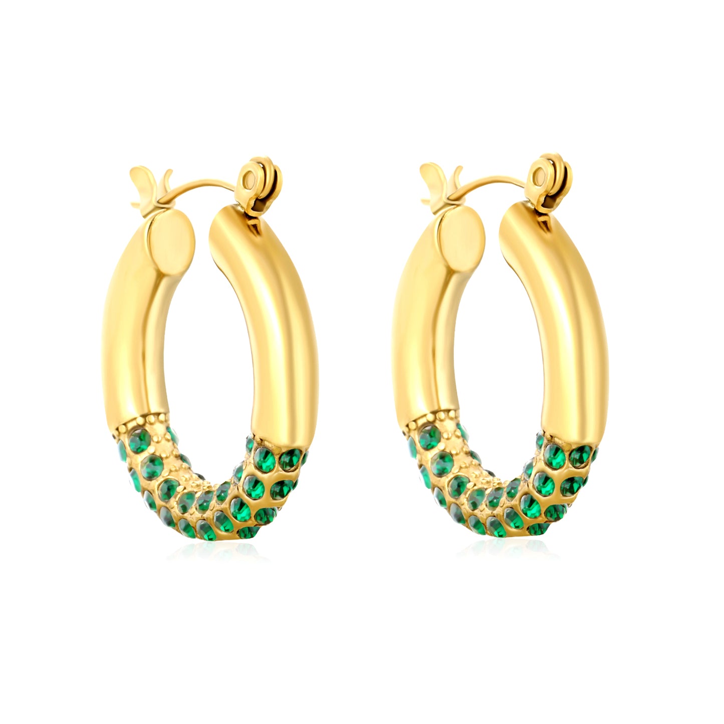 Wholesale 18K Gold Plated Pave Huggie Hoop Earrings Cubic Zirconia WaterproofHigh-resolution on white background——green