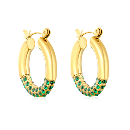 Wholesale 18K Gold Plated Pave Huggie Hoop Earrings Cubic Zirconia WaterproofHigh-resolution on white background——green