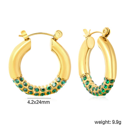 Wholesale 18K Gold Plated Pave Huggie Hoop Earrings Cubic Zirconia Waterproofdimension diagram with measurements_green