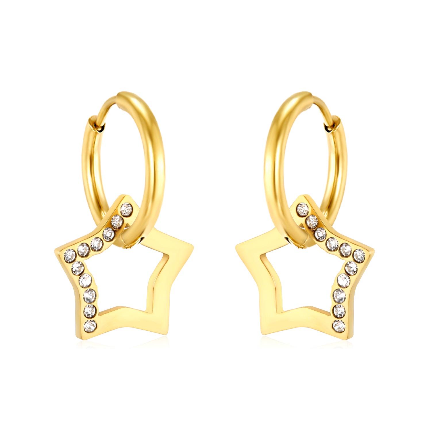 Wholesale 18K Gold Plated Star Drop Earrings Openwork Diamond Accent Celestial LuxuryHigh-resolution on white background
