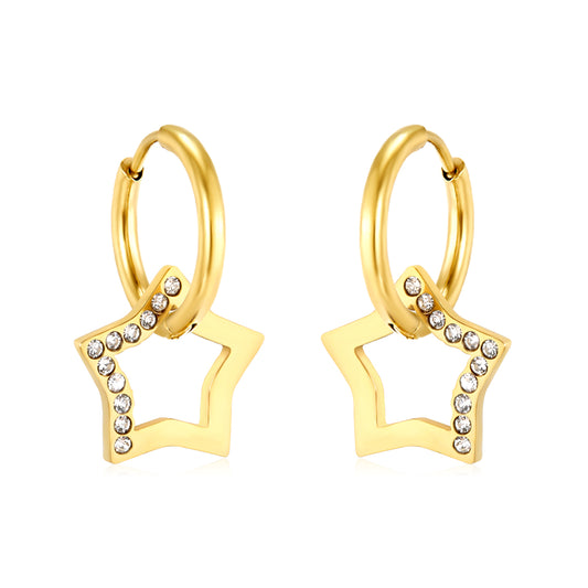 Wholesale 18K Gold Plated Star Drop Earrings Openwork Diamond Accent Celestial LuxuryHigh-resolution on white background