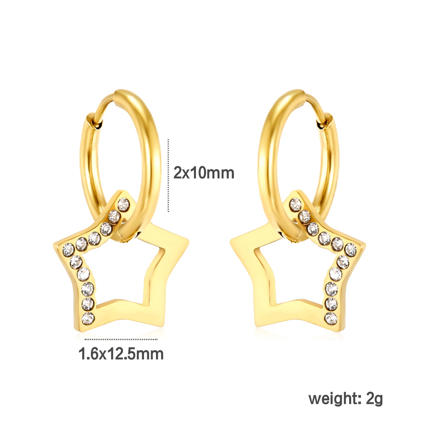 Wholesale 18K Gold Plated Star Drop Earrings Openwork Diamond Accent Celestial Luxurydimension diagram with measurements