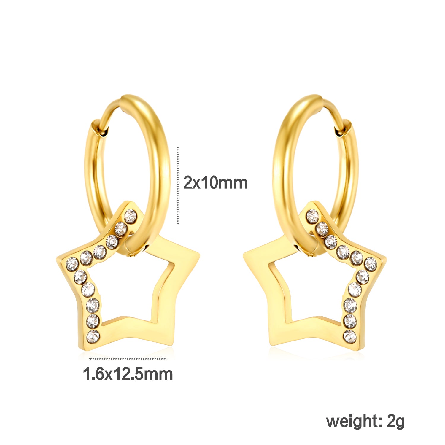 Wholesale 18K Gold Plated Star Drop Earrings Openwork Diamond Accent Celestial Luxurydimension diagram with measurements