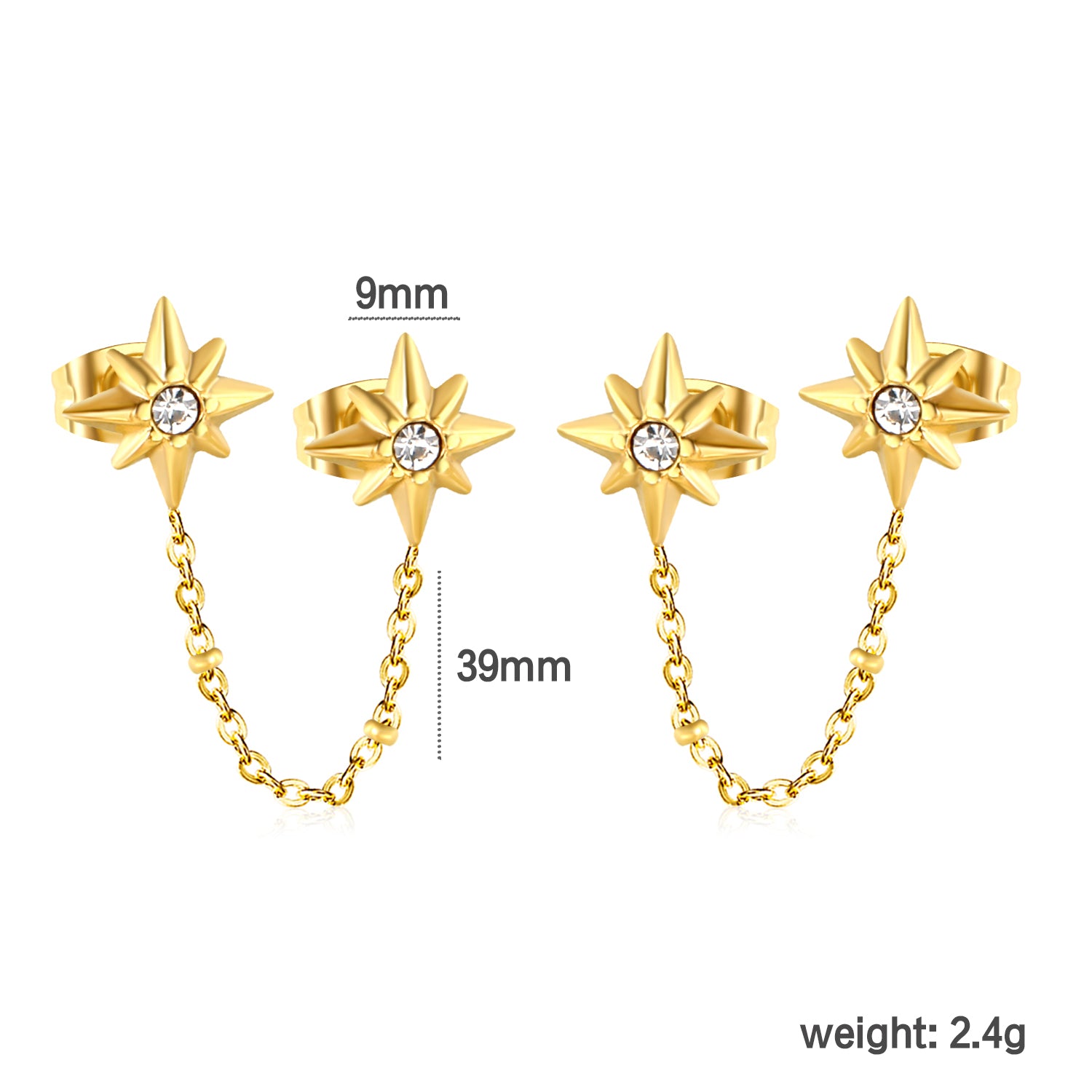 Wholesale 18K Gold Plated Star and Chain Earrays Celestial Theme Festival Luxurydimension diagram with measurements