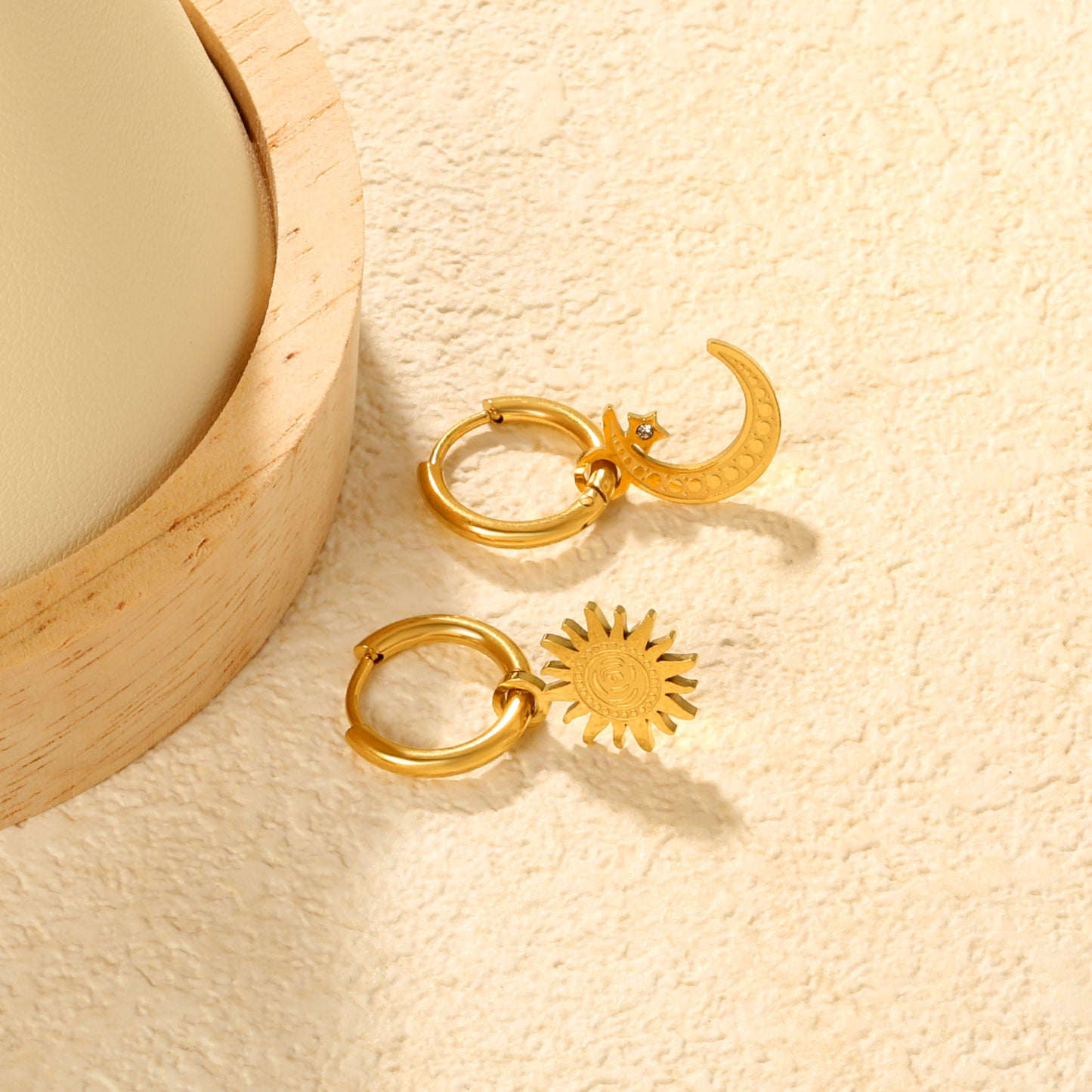 Wholesale 18K Gold Plated Sun and Moon Drop Earrings Celestial Theme Natural LuxuryClose-ups of the gold plating and details