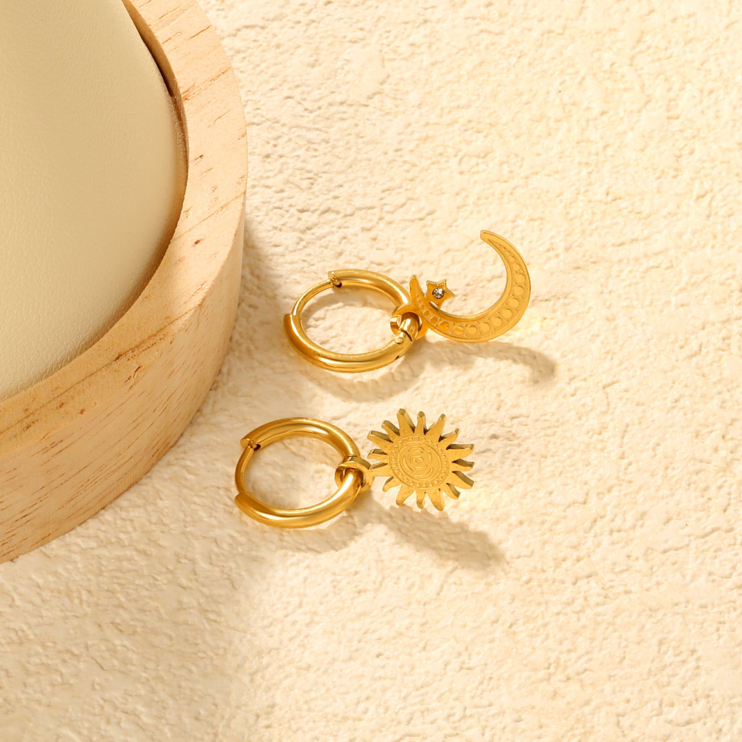 Wholesale 18K Gold Plated Sun and Moon Drop Earrings Celestial Theme Natural LuxuryClose-ups of the gold plating and details