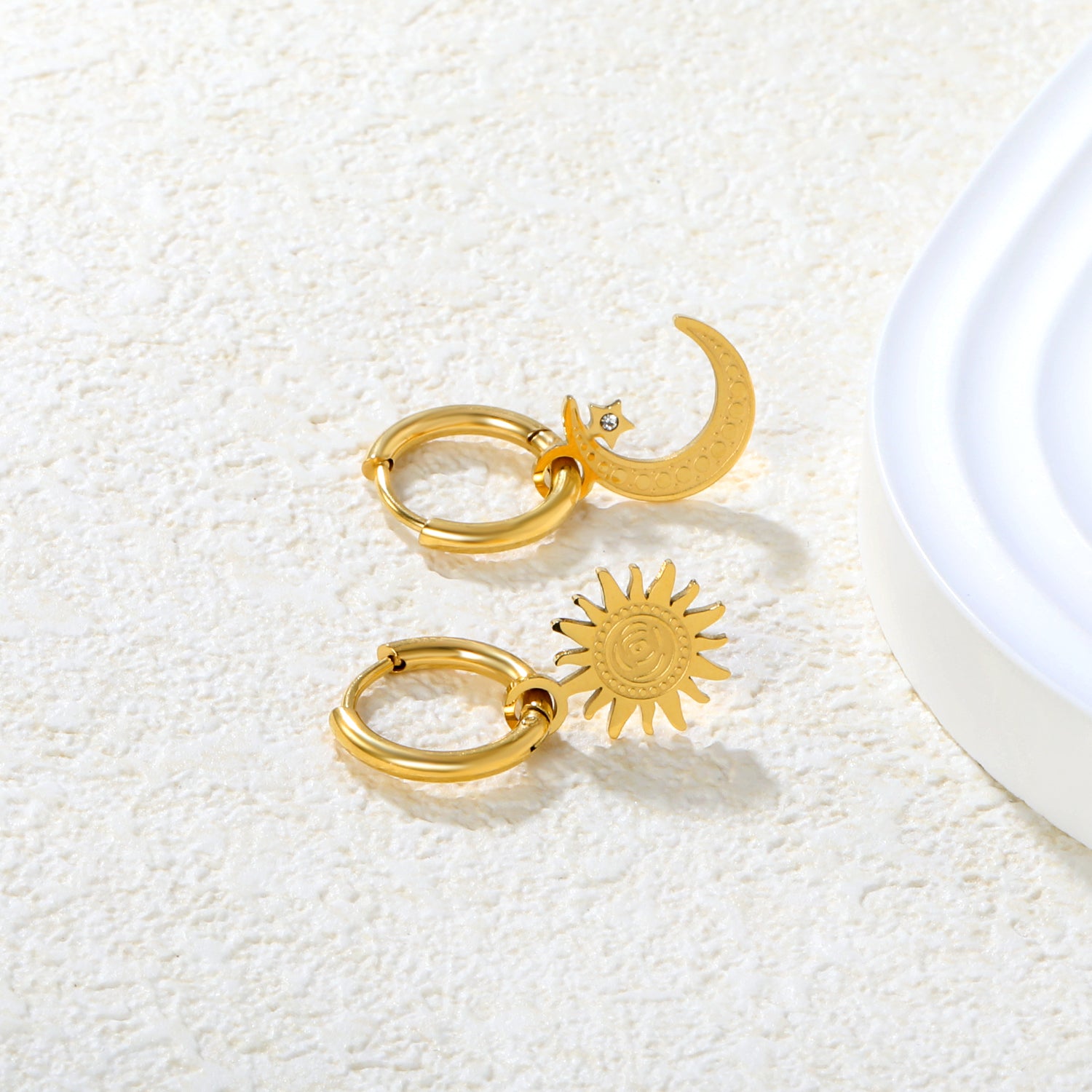 Wholesale 18K Gold Plated Sun and Moon Drop Earrings Celestial Theme Natural LuxuryHigh-resolution Lifestyle Photos