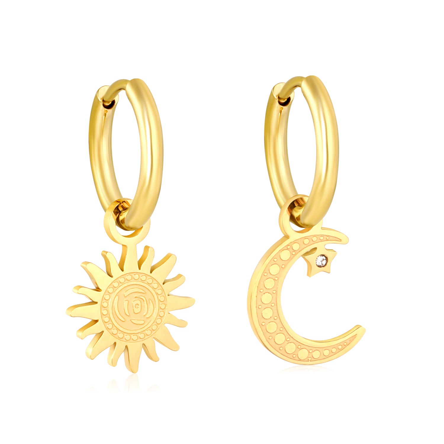 Wholesale 18K Gold Plated Sun and Moon Drop Earrings Celestial Theme Natural LuxuryHigh-resolution on white background