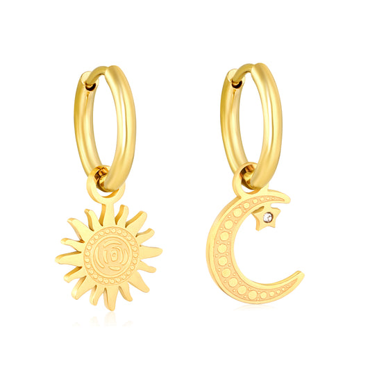 Wholesale 18K Gold Plated Sun and Moon Drop Earrings Celestial Theme Natural LuxuryHigh-resolution on white background