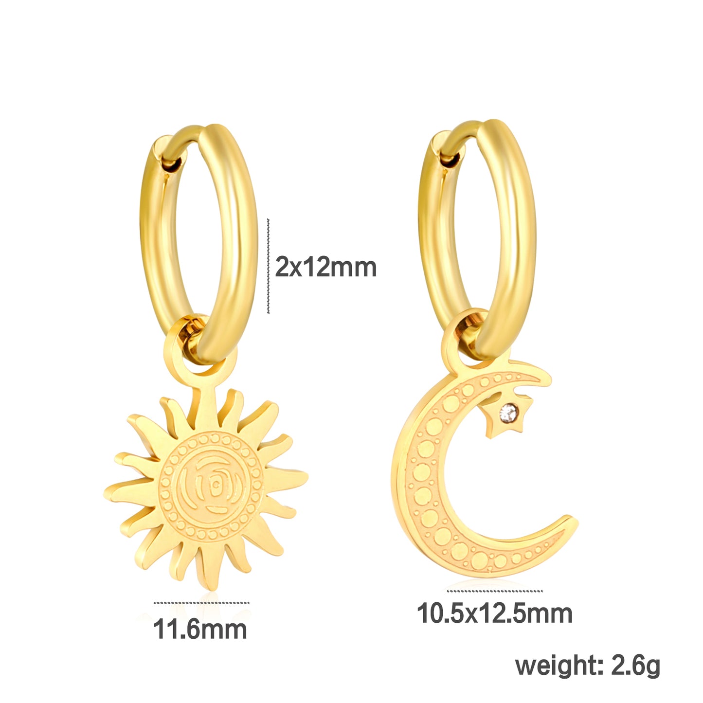 Wholesale 18K Gold Plated Sun and Moon Drop Earrings Celestial Theme Natural Luxurydimension diagram with measurements