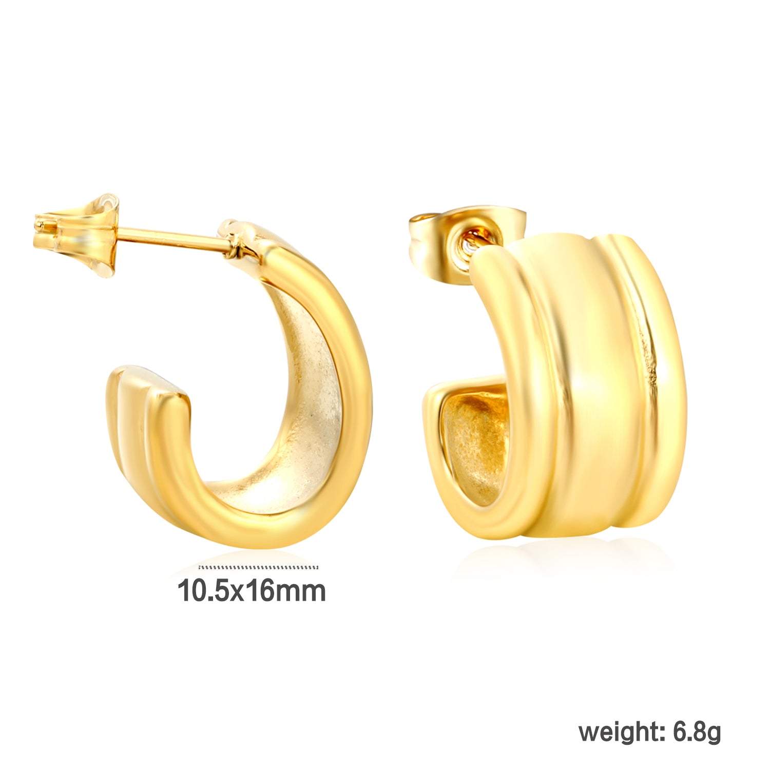 Wholesale 18K Gold Plated Wide C-Hoop Earrings Industrial Texture Vintage Luxurydimension diagram with measurements