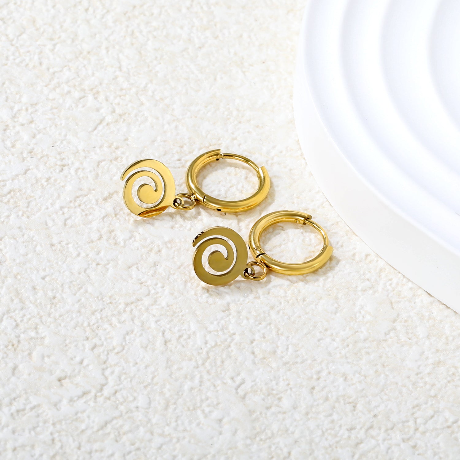 Wholesale 18K gold-plated spiral disc hoop earrings, vintage-inspired, minimalist styleHigh-resolution Lifestyle Photos