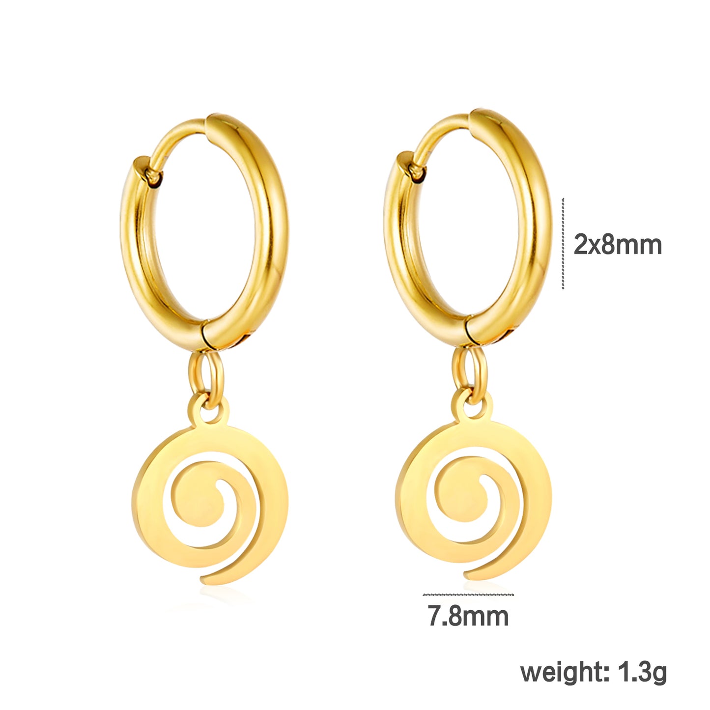 Wholesale 18K gold-plated spiral disc hoop earrings, vintage-inspired, minimalist styledimension diagram with measurements
